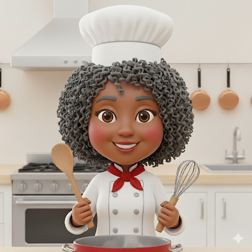 a 3d cartoon of a curly-haired woman in a kitchen with a spoon and whisk, wearing a chef's hat.